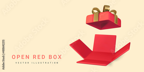 3D render and draw by mesh realistic open gift box. Surprise inside. Vector illustration