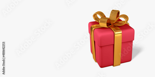 3D realistic red gift box with golden bow and ribbon. Paper box isolated on light background. Vector illustration