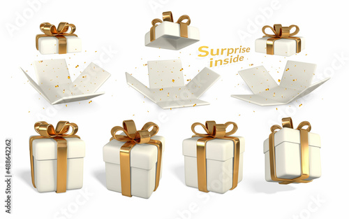 Set of five 3D render and draw by mesh realistic gift box with bow. Paper box with shadow isolated on white background. Vector illustration