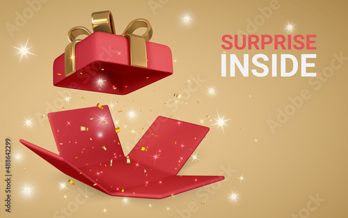 3D render and draw by mesh realistic red Gift Box on light yellow background. Surprise inside. Vector illustration