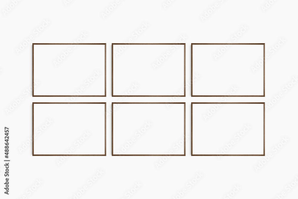 Horizontal frame mockup 7:5, 70x50, A4, A3, A2, A1 landscape. Set of six thin dark brown walnut wood frames. Gallery wall mockup, set of 6 frames. Clean, modern, minimalist, bright. Horizontal frame mockup 7:5, 70x50, A4, A3, A2, A1 landscape. Set of six thin dark brown walnut wood frames. Gallery wall mockup, set of 6 frames. Clean, modern, minimalist, bright.