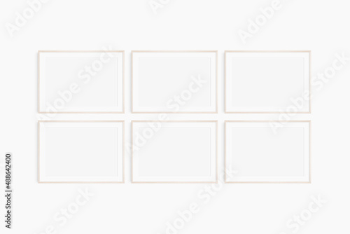 Horizontal frame mockup 7:5, 70x50, A4, A3, A2, A1 landscape. Set of six thin light wood frames. Gallery wall mockup, set of 6 frames. Clean, modern, minimalist, bright. Mat opening 3:2. photo