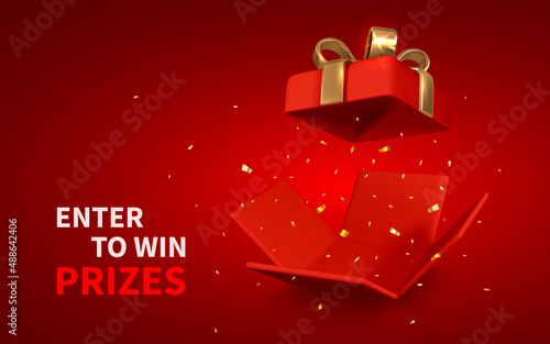 Open red Gift Box and Confetti on red background. Enter to Win Prizes. Vector Illustration