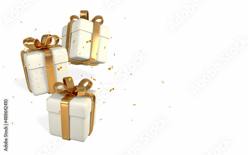 3D realistic white gift boxes with golden bow and confetti. Paper boxes with ribbon isolated on white background. Vector illustration