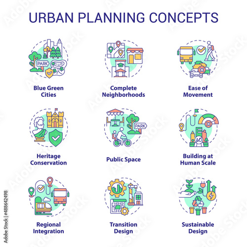 Urban planning concept icons set. City environment regulation. Town development process idea thin line color illustrations. Isolated symbols. Editable stroke. Roboto-Medium, Myriad Pro-Bold fonts used