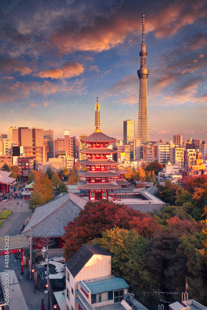 Tokyo, Japan. Cityscape image of Tokyo, Japan with Asakusa Temple at autumn sunset.