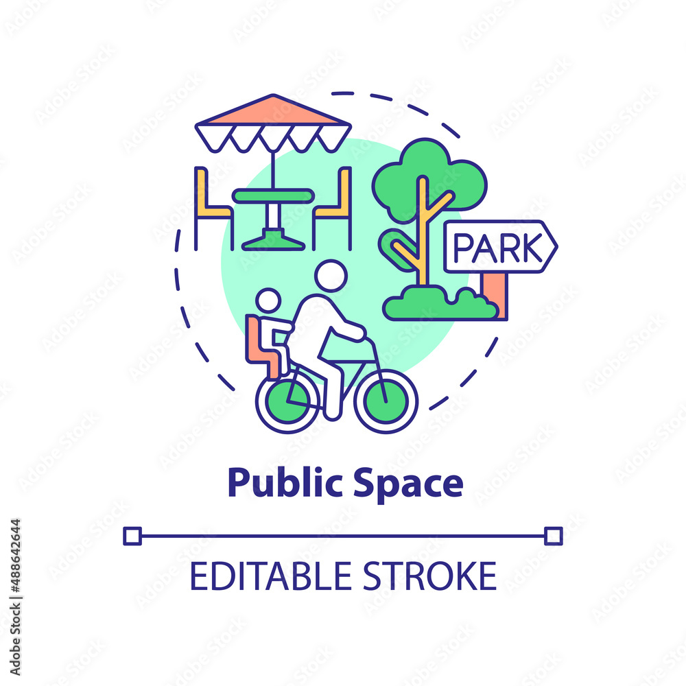Public space concept icon. City infrastructure. Urban design principles abstract idea thin line illustration. Isolated outline drawing. Editable stroke. Arial, Myriad Pro-Bold fonts used