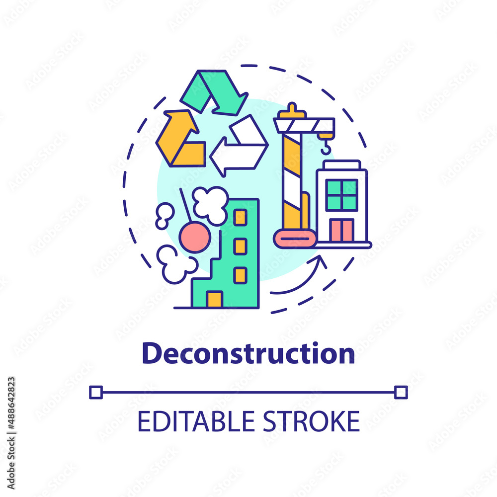 Deconstruction concept icon. Recycling and renovation. Sustainable city design abstract idea thin line illustration. Isolated outline drawing. Editable stroke. Arial, Myriad Pro-Bold fonts used Deconstruction concept icon. Recycling and renovation. Sustainable city design abstract idea thin line illustration. Isolated outline drawing. Editable stroke. Arial, Myriad Pro-Bold fonts used
