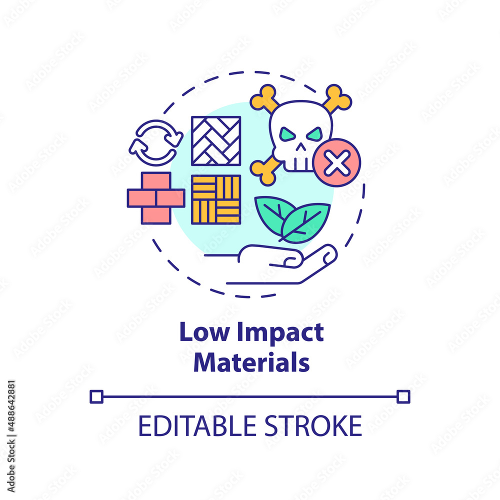 Low impact materials concept icon. Building quality. Sustainable urban design abstract idea thin line illustration. Isolated outline drawing. Editable stroke. Arial, Myriad Pro-Bold fonts used