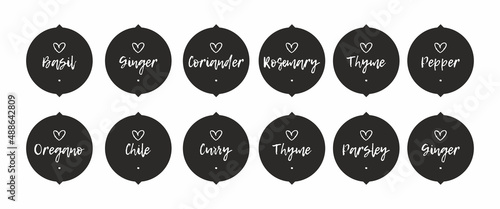 Pantry spice jar seasoning label sticker organizer set. Spices and herbs jar labels and stickers. kitchen storage organization. basil, pepper, ginger