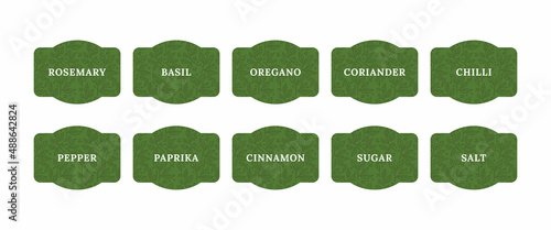 Spices and herbs jar labels and stickers. kitchen storage organization. green stickers paprika, chili, pepper, sugar, salt. Pantry spice jar seasoning label sticker organizer set.