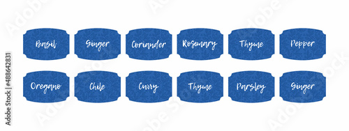 Pantry spice jar seasoning label sticker organizer set. Spices and herbs jar labels and stickers. kitchen storage organization. blue stickers spices basil, rosemary, cinnamon