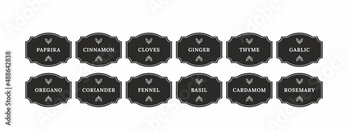 Pantry spice jar seasoning label sticker organizer set. black vintage stickers for spices in the kitchen. basil, rosemary, cinnamon
