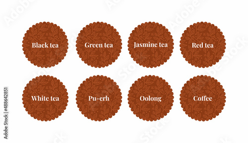 stickers for different types of tea black tea, green tea, oolong. labels for jars in the kitchen. tea storage in pantry