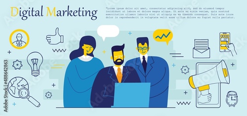 Digital marketing team with laptops and light bulb. Marketing team metrics, marketing team lead and responsibilities concept on white background.