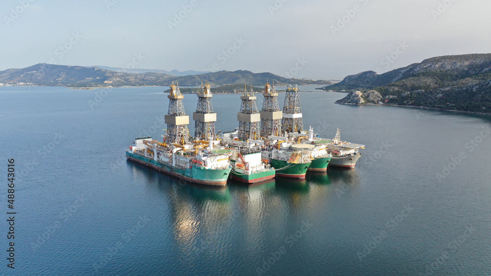 Aerial drone photo of crude oil drill ships anchored near bay of Salamina, Attica, Greece