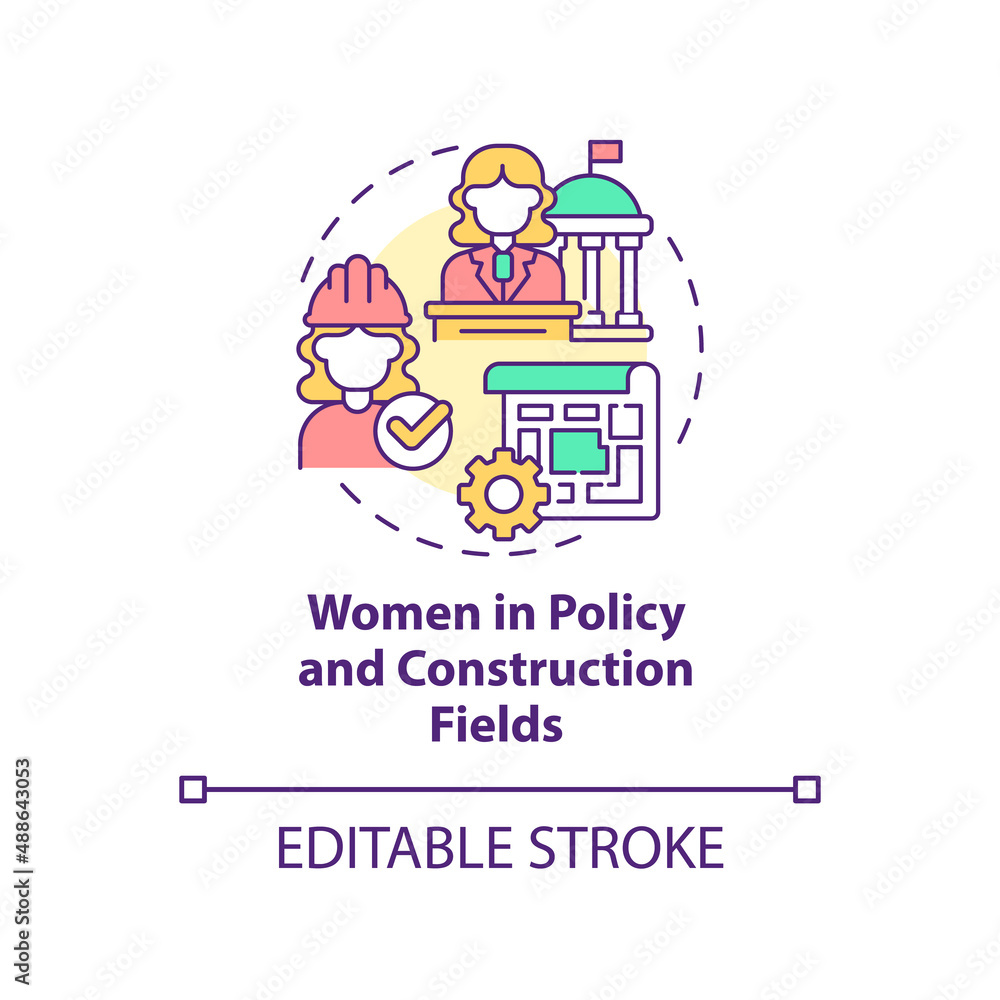 Women in policy and construction fields concept icon. Comfortable city design abstract idea thin line illustration. Isolated outline drawing. Editable stroke. Arial, Myriad Pro-Bold fonts used
