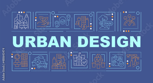 Urban design word concepts blue banner. City planning strategy. Infographics with icons on color background. Isolated typography. Vector illustration with text. Arial-Black font used