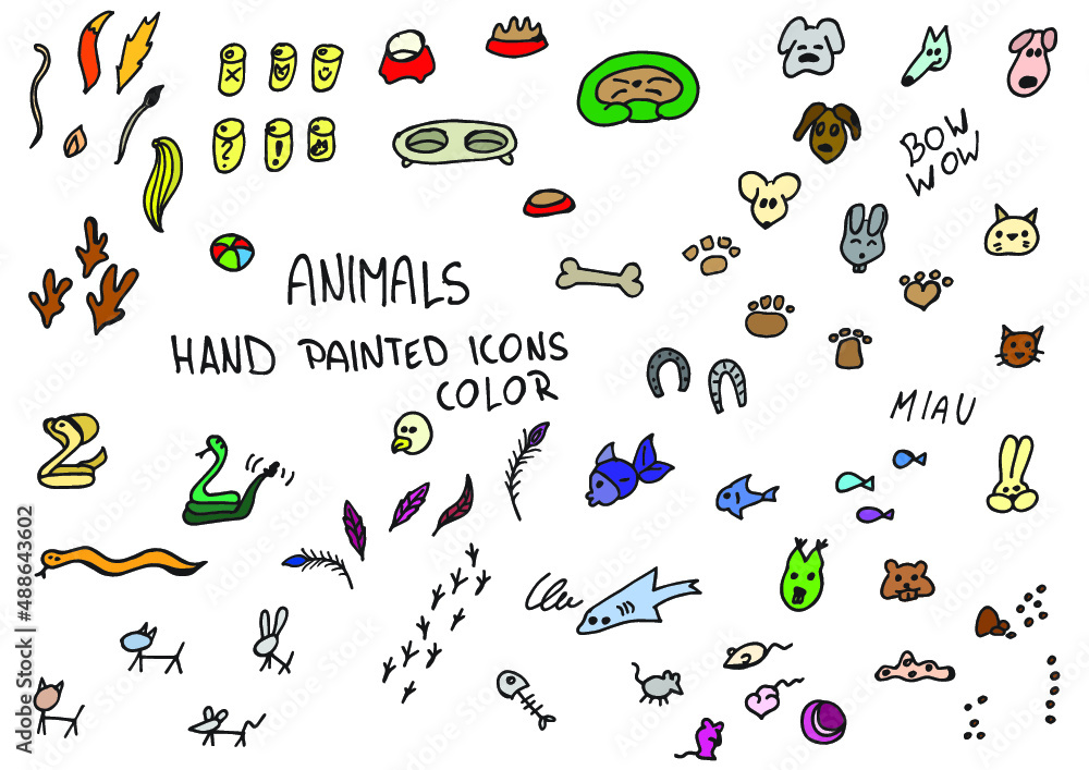 Animals hand painted doodles, icons. Dog, cat, fish, mouse, rabbit, pet items, tails, food. Color. - obrazy, fototapety, plakaty 