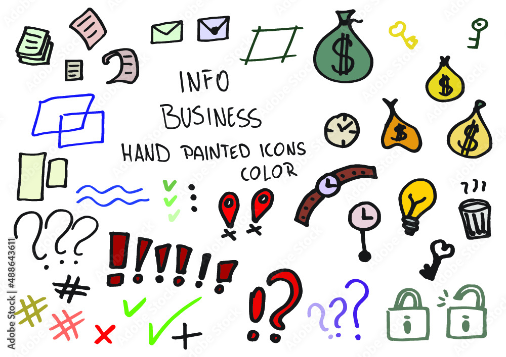 Info business hand painted doodles, icons. Watch, light bulb, clock, ask, lock, paper, lines. Color.
 - obrazy, fototapety, plakaty 