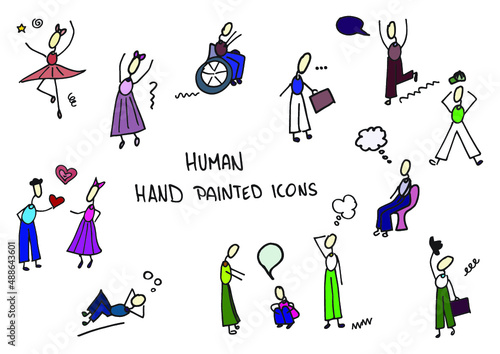 Human hand painted doodles, icons. People, bubbles, situations. Color.