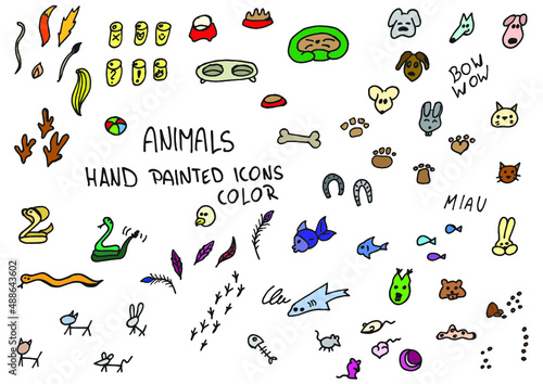 Animals hand painted doodles, icons. Dog, cat, fish, mouse, rabbit, pet items, tails, food. Color.
