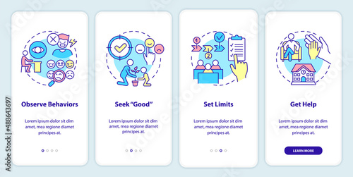 Conduct disorder tips for teacher onboarding mobile app screen. Walkthrough 4 steps graphic instructions pages with linear concepts. UI, UX, GUI template. Myriad Pro-Bold, Regular fonts used