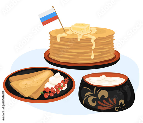 National Russian cuisine. Delicious thin pancakes with sour cream. Vector illustration in cartoon style can be used for menus, recipes, applications