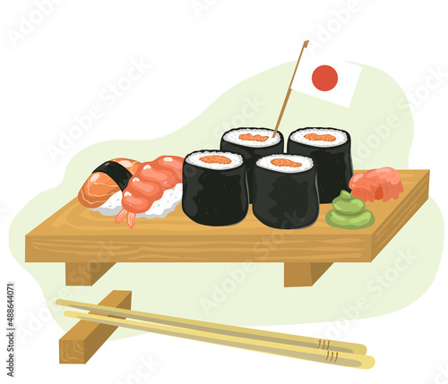 National Japanese cuisine. Delicious sushi and rolls on a wooden stand. Vector illustration in cartoon style can be used for menus, recipes, applications