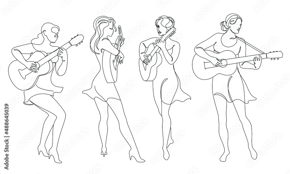 Collection. Silhouette of a beautiful woman with a guitar in a modern continuous line style. Girl guitarist, slender. Aesthetic decor sketches, posters, stickers, logo. set of vector illustrations.