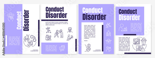 Conduct disorder guideline purple brochure template. Mental issue. Leaflet design with linear icons. 4 vector layouts for presentation, annual reports. Anton, Lato-Regular fonts used