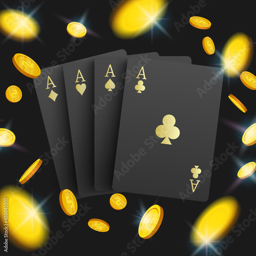 3D casino poker cards and playing chips on black background, vector illustration
