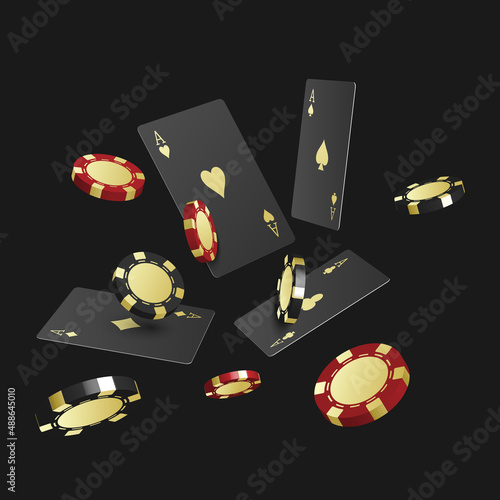 3D casino poker cards and playing chips on black background, vector illustration