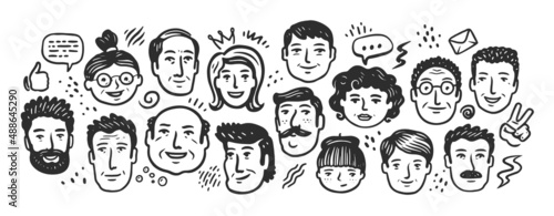Faces of people different nationalities and ages drawn with black outline. Society doodle vector illustration photo
