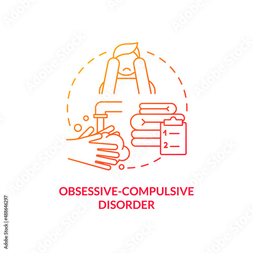 Obsessive-compulsive disorder red gradient concept icon. Intrusive thoughts. Compulsive cleaning abstract idea thin line illustration. Isolated outline drawing. Myriad Pro-Bold font used