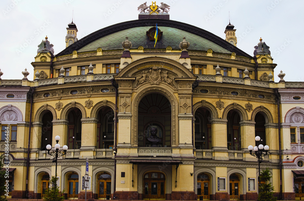 Kyiv, Ukraine-April 25,2021:Detailed view of the facade of famous Kyiv National Opera (The Taras Shevchenko Ukrainian National Opera House). Spring cloudy day