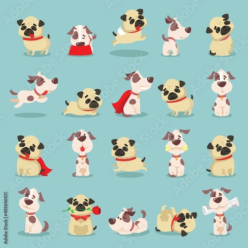 Vector illustration set of cute and funny cartoon little dogs-pupies