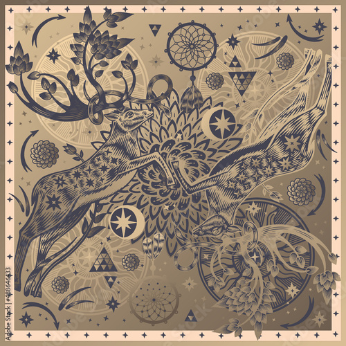 Fancy Pattern for scarves, pillows. Deer with sprouted antlers in a fantasy forest. Vector. Gold print.