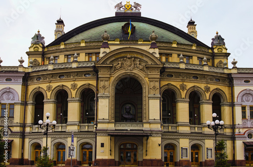 Kyiv, Ukraine-April 25,2021:Detailed view of the facade of famous Kyiv National Opera (The Taras Shevchenko Ukrainian National Opera House). Spring cloudy day