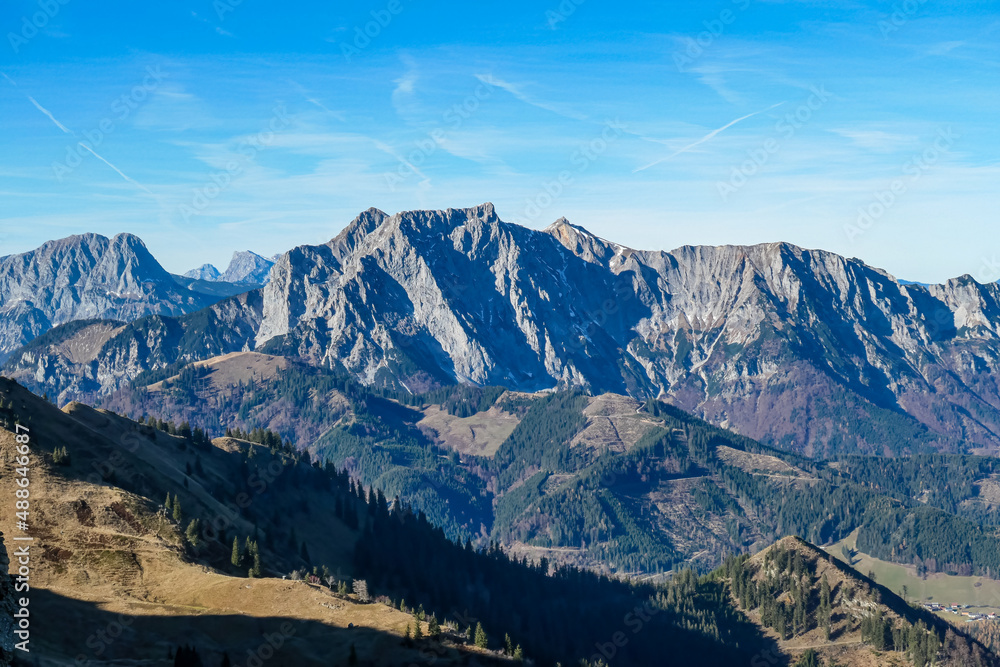 Panoramic view on mount Kaiserschild from mount Eisenerzer Reichenstein in Styria, Austria, Europe. Austrian Alps. Rocky and bare mountain ridges of Ennstal Alps. Hiking trail, Wanderlust. Sunny day