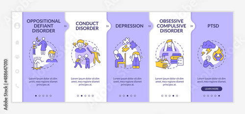Mental illnesses in children purple and white onboarding template. Responsive mobile website with linear concept icons. Web page walkthrough 5 step screens. Lato-Bold, Regular fonts used