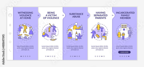 Survivors of childhood trauma purple and white onboarding template. Responsive mobile website with linear concept icons. Web page walkthrough 5 step screens. Lato-Bold, Regular fonts used