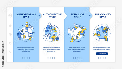 Parental involvement in child wellbeing blue and white onboarding template. Responsive mobile website with linear concept icons. Web page walkthrough 4 step screens. Lato-Bold, Regular fonts used