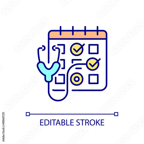 Regular medical checkup RGB color icon. Schedule with dates and stethoscope. Healthcare and patient service. Isolated vector illustration. Simple filled line drawing. Editable stroke. Arial font used