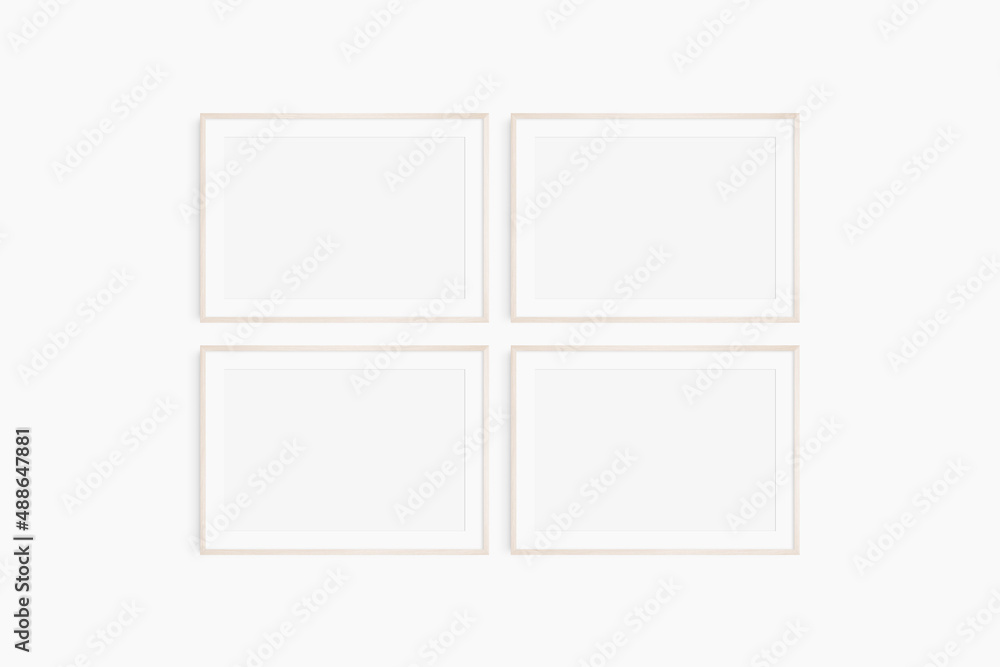 Horizontal frame mockup 7:5, 70x50, A4, A3, A2, A1 landscape. Set of four thin light wood frames. Gallery wall mockup, set of 4 frames. Clean, modern, minimalist, bright. Mat opening 3:2. Horizontal frame mockup 7:5, 70x50, A4, A3, A2, A1 landscape. Set of four thin light wood frames. Gallery wall mockup, set of 4 frames. Clean, modern, minimalist, bright. Mat opening 3:2.