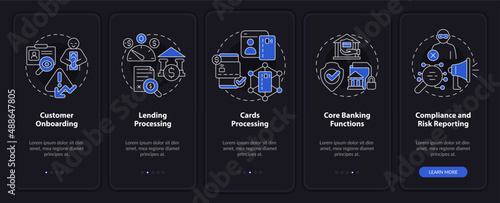 Automated banking night mode onboarding mobile app screen. Walkthrough 5 steps graphic instructions pages with linear concepts. UI, UX, GUI template. Myriad Pro-Bold, Regular fonts used