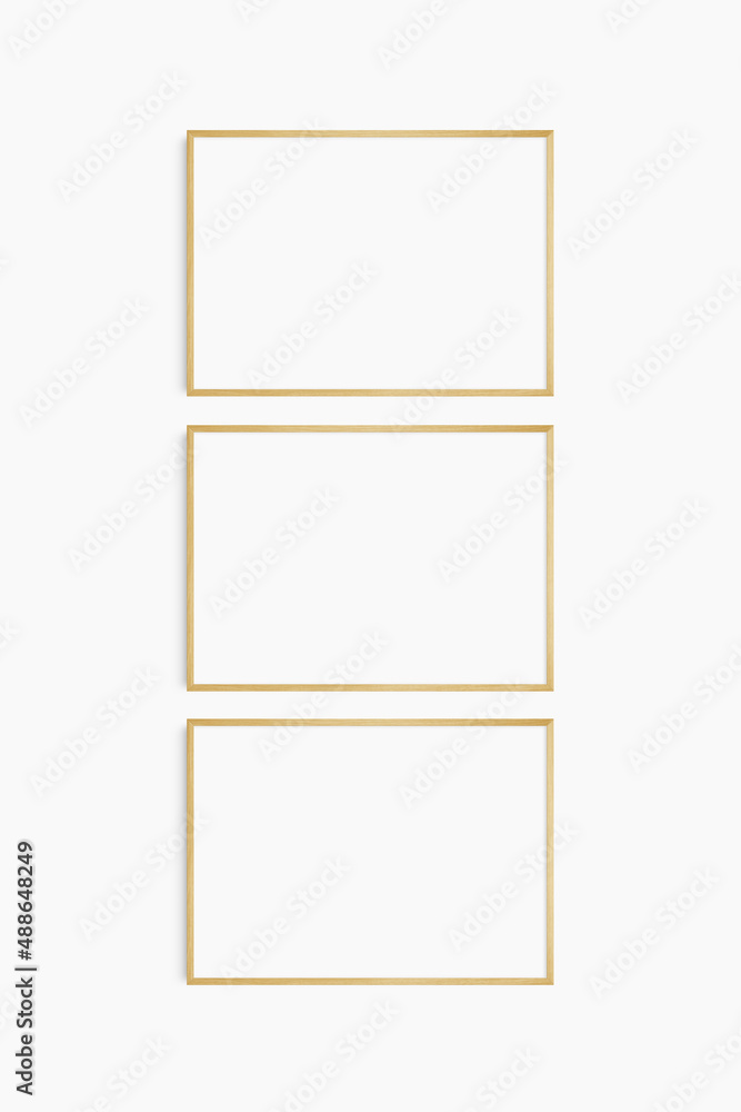 Horizontal frame mockup 7:5, 70x50, A4, A3, A2, A1 landscape. Set of three thin oak wood frames. Gallery wall mockup, set of 3 frames. Clean, modern, minimalist, bright. Horizontal frame mockup 7:5, 70x50, A4, A3, A2, A1 landscape. Set of three thin oak wood frames. Gallery wall mockup, set of 3 frames. Clean, modern, minimalist, bright.