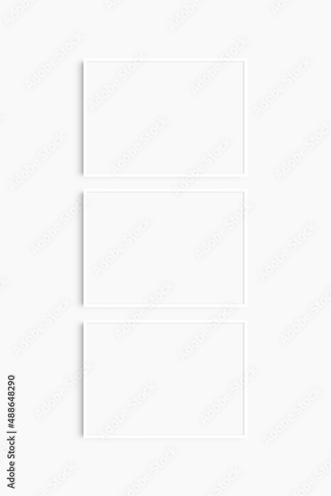 Horizontal frame mockup 7:5, 70x50, A4, A3, A2, A1 landscape. Set of three thin white frames. Gallery wall mockup, set of 3 frames. Clean, modern, minimalist, bright. Horizontal frame mockup 7:5, 70x50, A4, A3, A2, A1 landscape. Set of three thin white frames. Gallery wall mockup, set of 3 frames. Clean, modern, minimalist, bright.