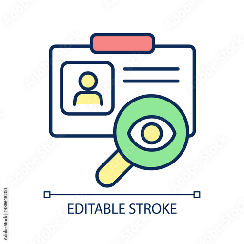 Customer onboarding RGB color icon. Identification document. Analyse user information. Client profile. Isolated vector illustration. Simple filled line drawing. Editable stroke. Arial font used