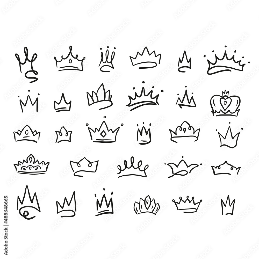 Big set of different crown icons drawn in doodle style.Vector illustration.Crowns of princes, princesses, kings, queens made by hand.